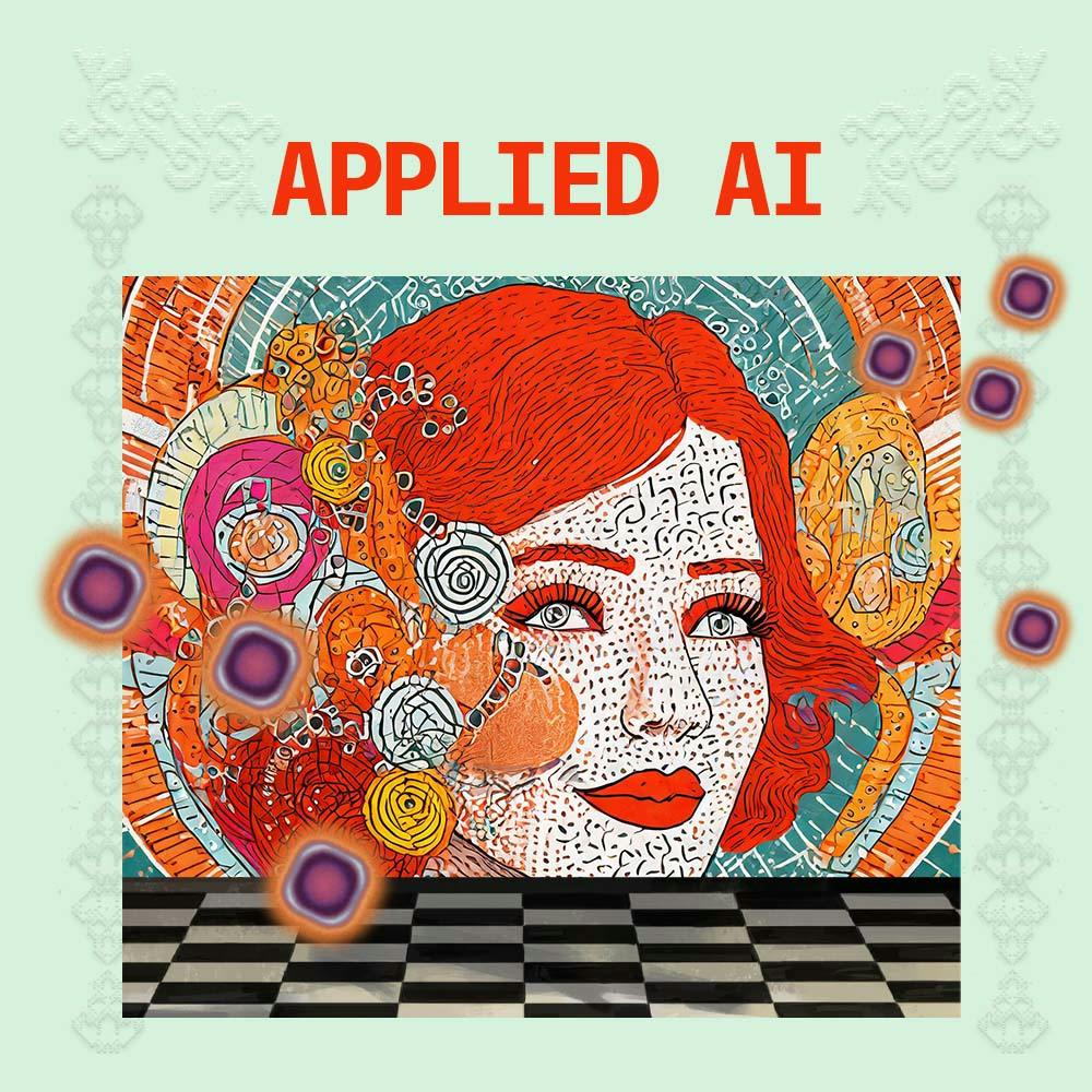 Text reads: Applied AI, graphic includes a vibrantly coloured illustration of a woman with flowers in her hair